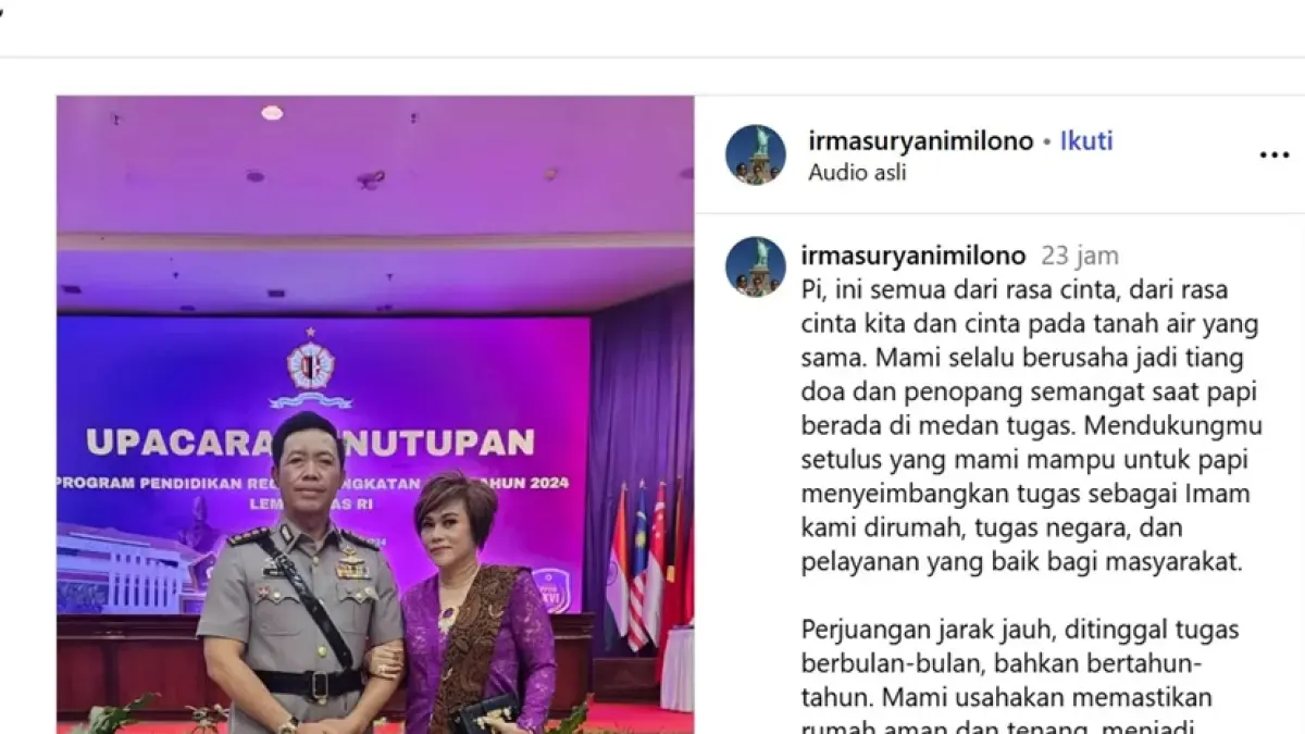 Irma Suryani bersama sang suami yang merupakan perwira Polri dalam sebuah momen resmi. Irma kini menjadi sorotan publik sebagai salah satu penggerak aksi 21 April di Kalimantan Timur.