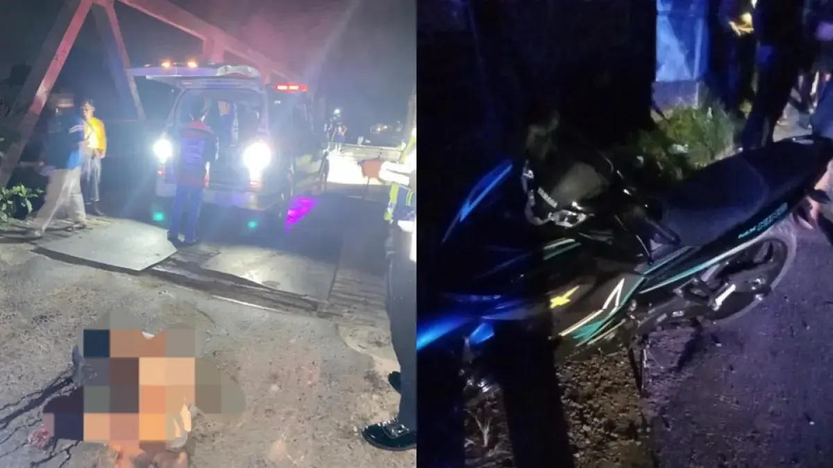 Seorang pengendara motor tewas di tempat setelah melintas jembatan patah, Jalan Kapten Mulyono, Sampit, Sabtu (25/4) malam. (warga/radar sampit)