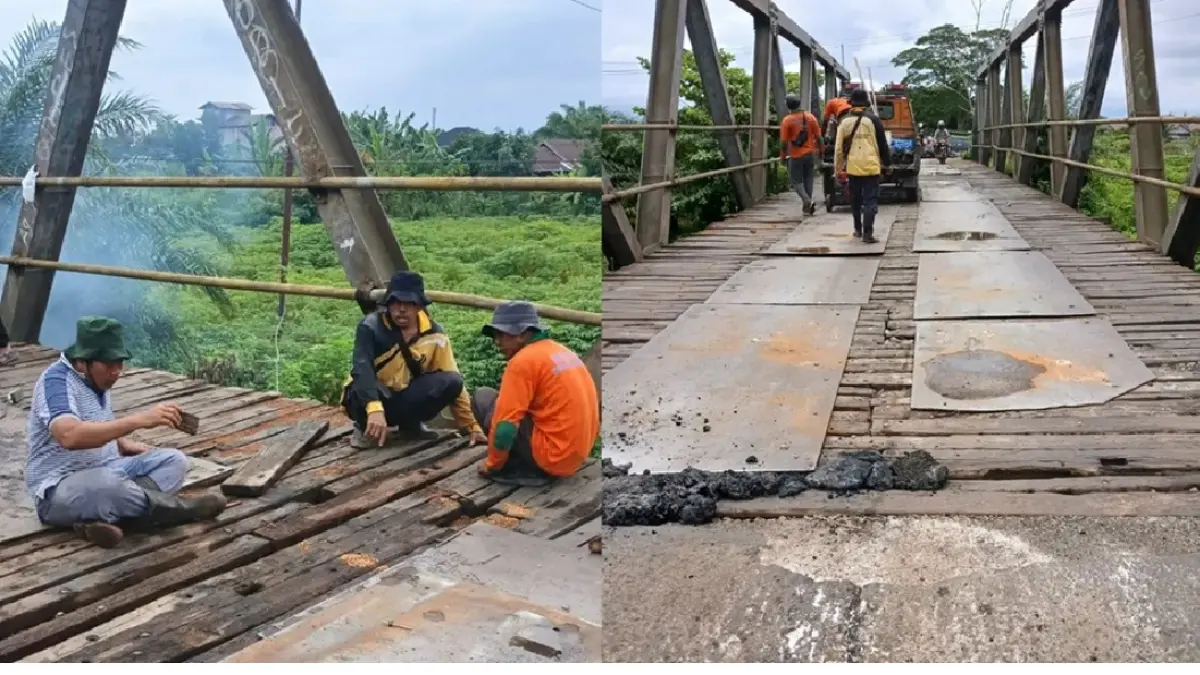Petugas UPTD Perawatan Jalan dan Jembatan Dinas SDABMBKPRKP Kotim saat melakukan pemeliharaan Jembatan Patah di Jalan Kapten Mulyono Sampit, Senin (27/4). (Foto SDABMBKPRKP Kotim)
