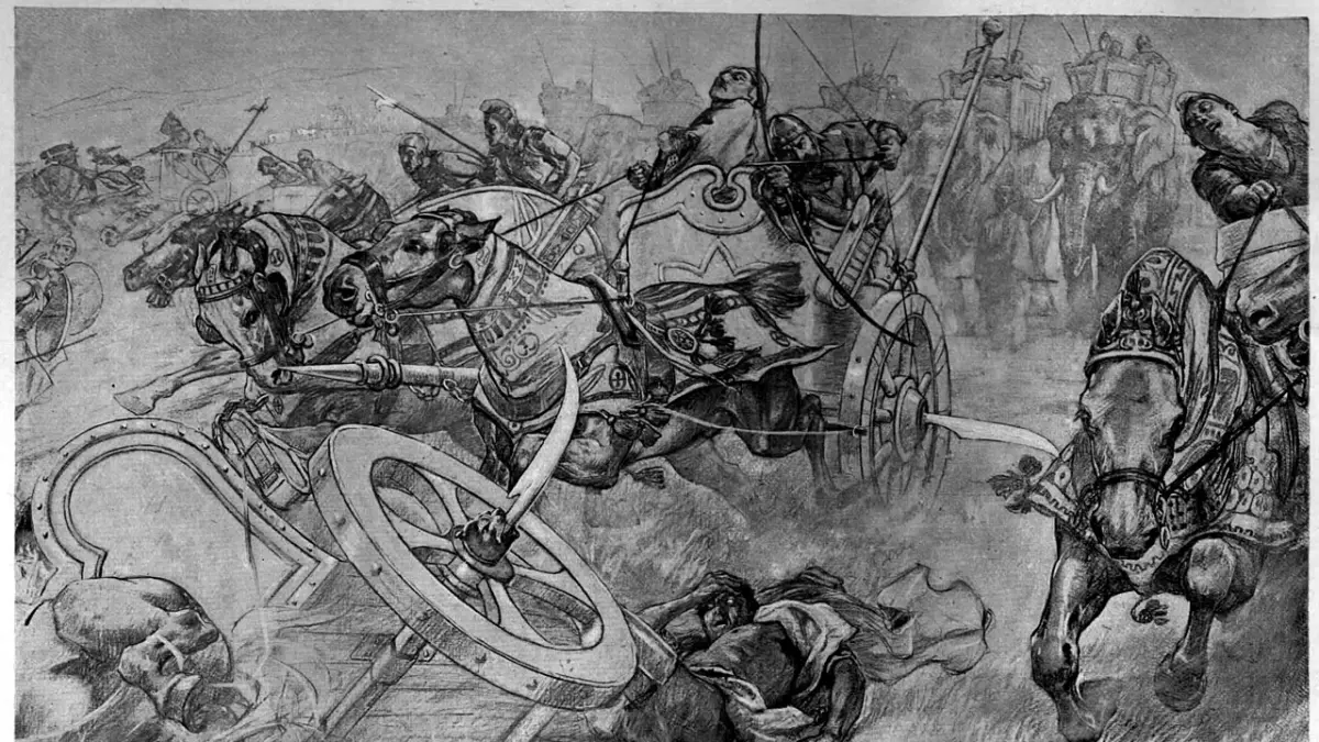 Kereta perang Persia menyerang tentara Alexander. (Oleh André Castaigne - Public Domain, Domain Publik)