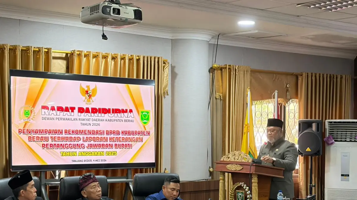 REKOMENDASI DPRD: Wabup Berau, Gamalis, menghadiri rapat paripurna penyampaian rekomendasi DPRD terhadap LKPj Bupati Berau Tahun Anggaran 2025, Senin, 4 Mei 2026. KPG/BP