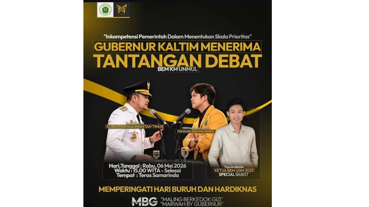 Ilustrasi flyer ajakan debat mahasiswa dengan Gubernur Kaltim yang beredar di media sosial. Pemprov Kaltim menyatakan informasi tersebut tidak benar karena tidak pernah ada konfirmasi resmi.