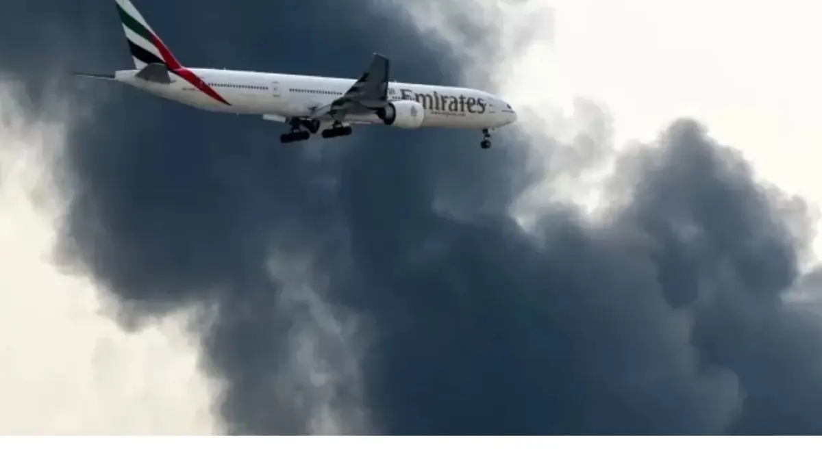 Pesawat Boeing 777 milik Emirates bersiap mendarat saat kepulan asap membubung dari kebakaran yang masih berlangsung di Bandara Internasional Dubai, Dubai, 16 Maret 2026..