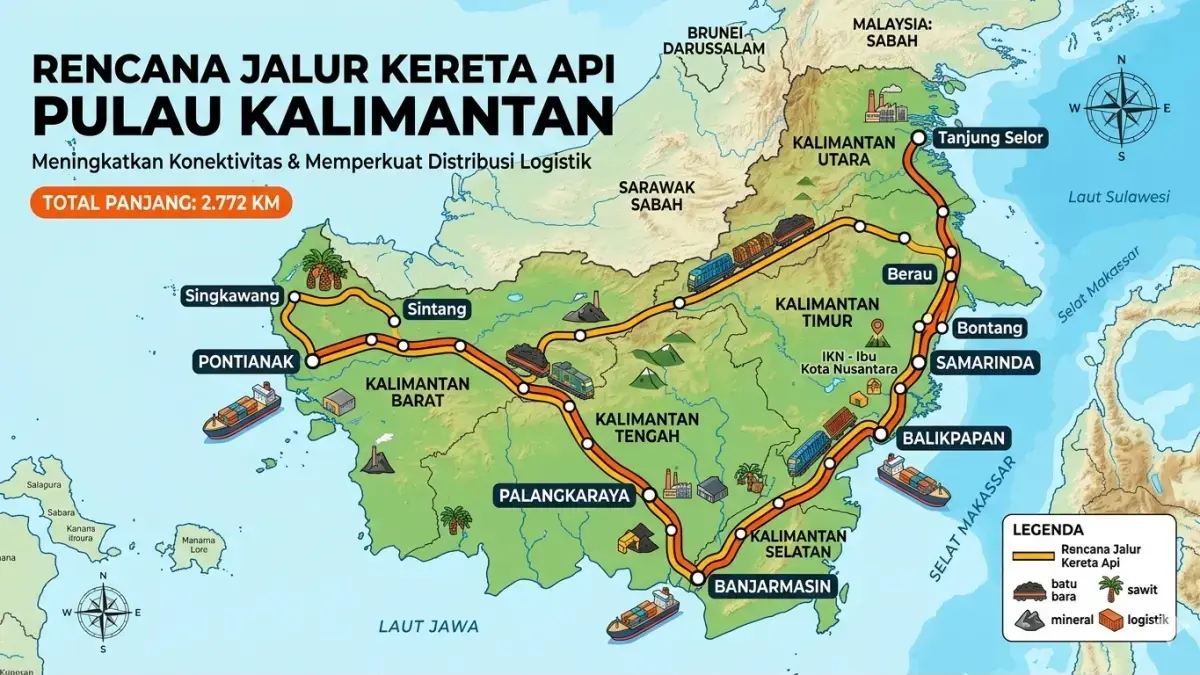 Ilustrasi pemerintah tengah menyiapkan rencana jalur kereta api di Pulau Kalimantan. (GEMINI AI)