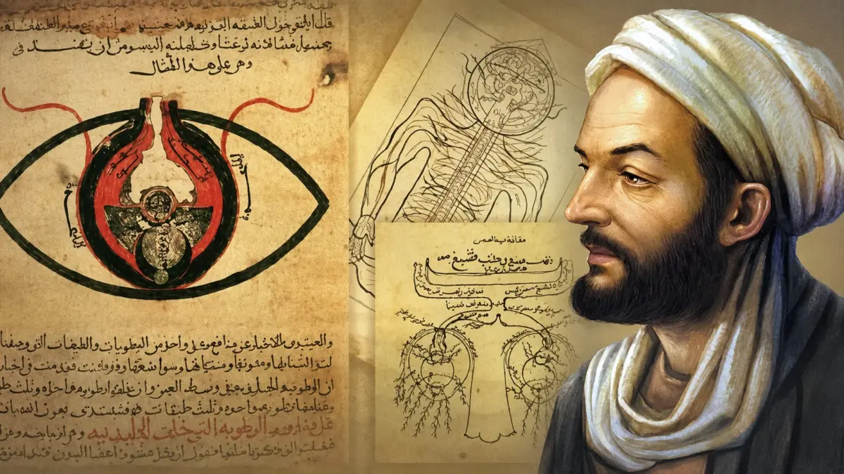 ilustrasi Ibnu Sina dengan karyanya.