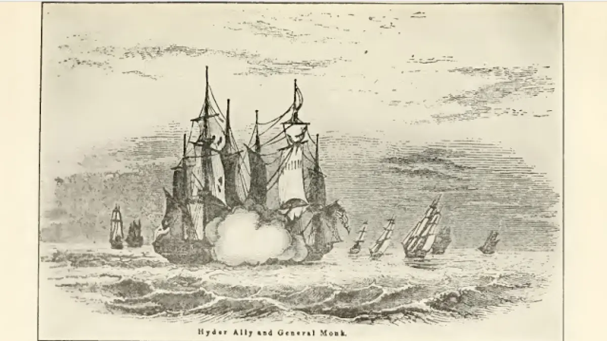 Sketsa pertempuran antara kapal angkatan laut Amerika USS Hyder Ally dan kapal perang Inggris General Monk pada tahun 1782. Sumber: Life of Commodore Joshua Barney, Hero of the US Navy (1776-1812), 1912.
