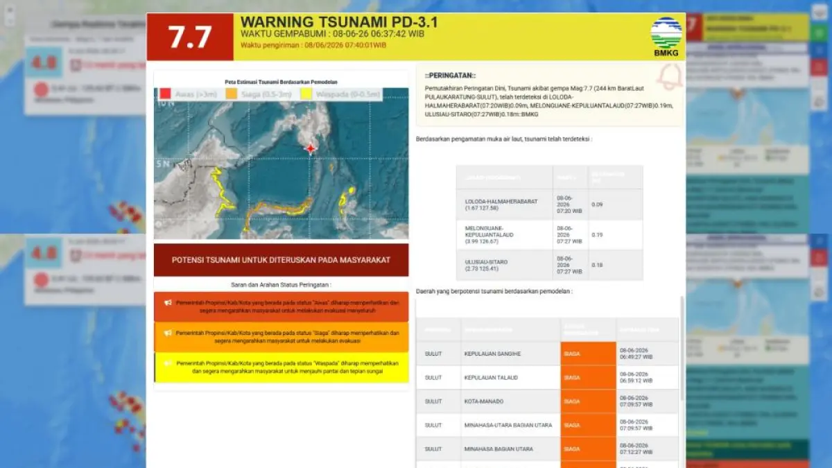 Gempa M 7,7 mengguncang Mindanao, Filipina, pada Senin (8/6/2026) pagi. (BMKG)