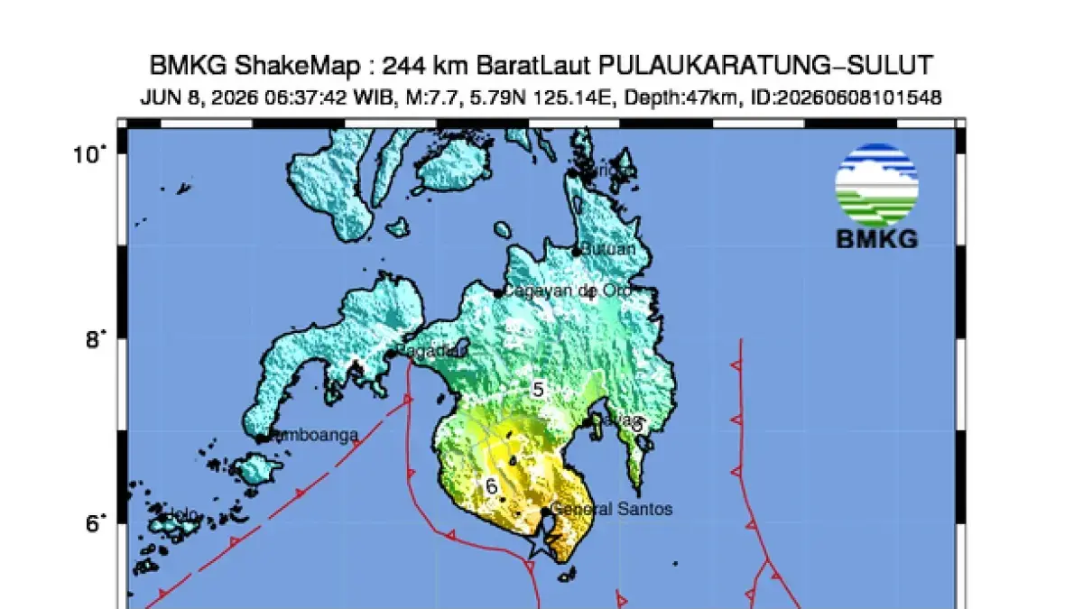 TITIK GEMPA : Peta ShakeMap BMKG memperlihatkan sebaran guncangan gempa M7,7 di Pantai Selatan Mindanao, Filipina, Senin (8/6/). Guncangan kuat terjadi di wilayah episenter dan turut dirasakan di sejumlah daerah di Sulawesi Utara. BMKG