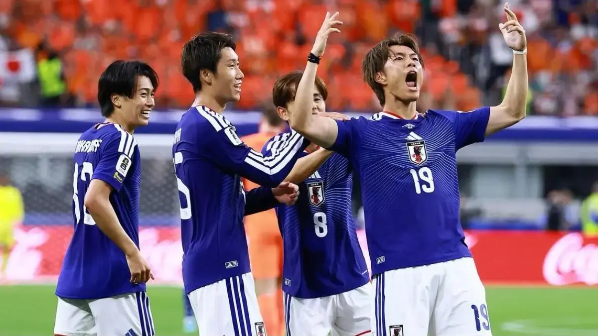 Pemain Jepang merayakan gol penyeimbang pada menit ke-89 saat menahan imbang Belanda 2-2 dalam laga Piala Dunia 2026 di Texas. (JFA)