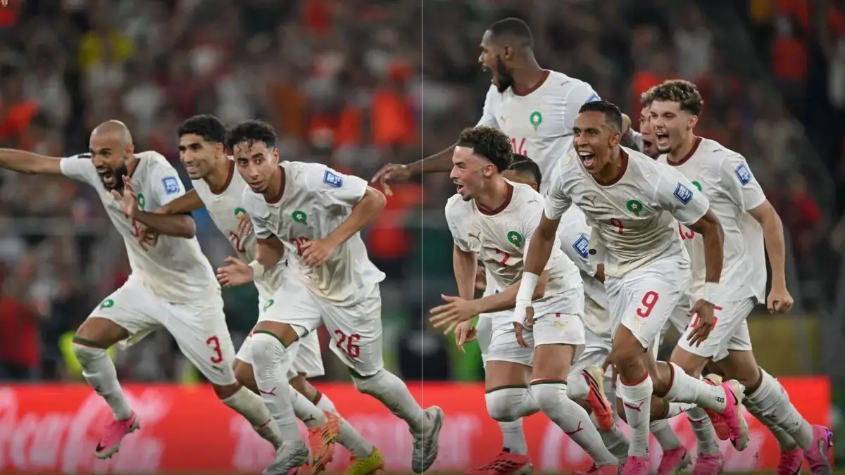 Pemain Maroko merayakan kemenangan usai memastikan tiket ke babak 16 besar Piala Dunia 2026. Singa Atlas kembali diunggulkan saat menghadapi Kanada di Houston Stadium. (Instagram @equipedumaroc)