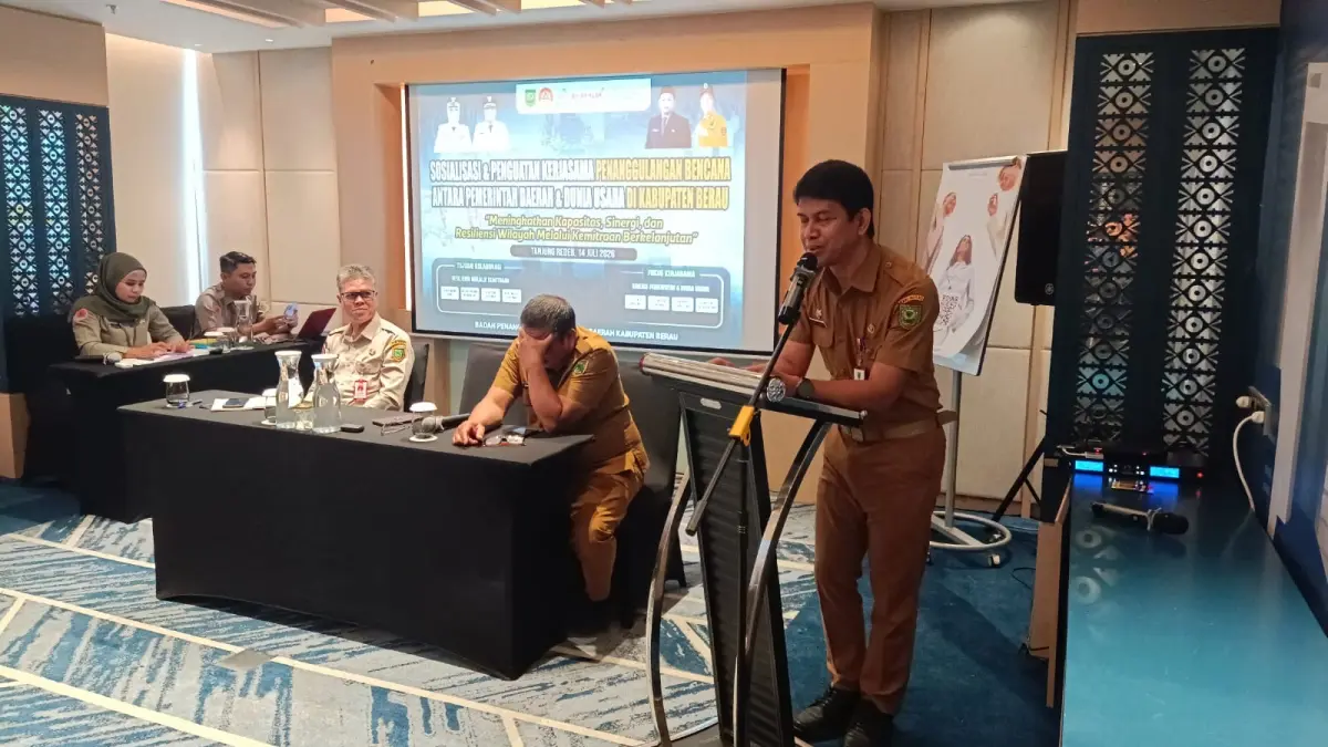 SOSIALISASI: BPBD Berau menyosialisasikan penguatan kerja sama penanggulangan bencana dengan dunia usaha di Berau, Selasa, 14 Juli 2026. KPG
