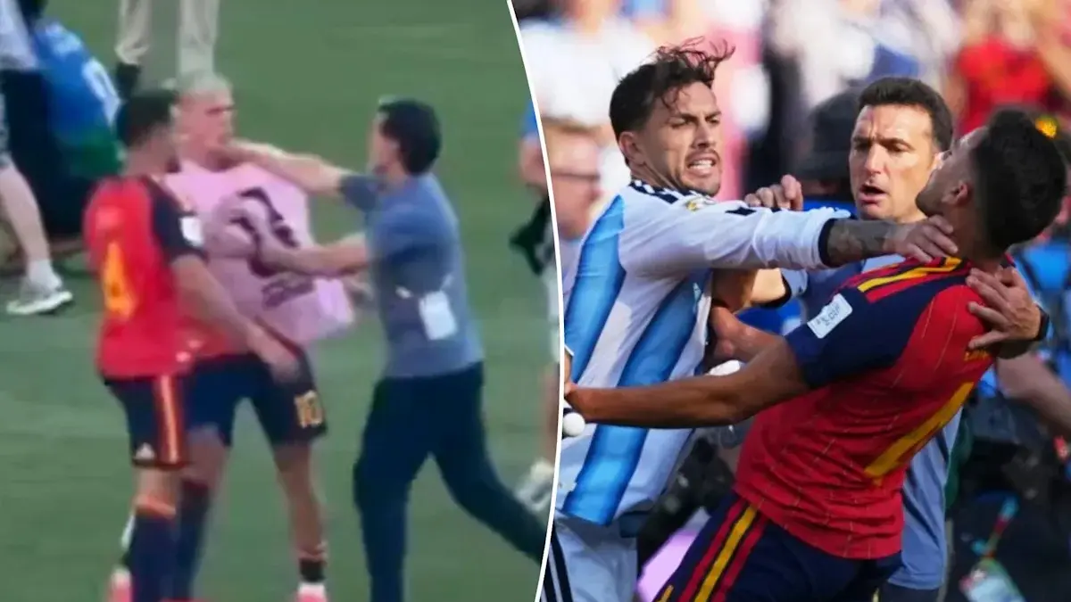 Roberto Ayala memukul Dani Olmo (kiri) dan keributan antara pemain Spanyol dan Argentina (kanan).