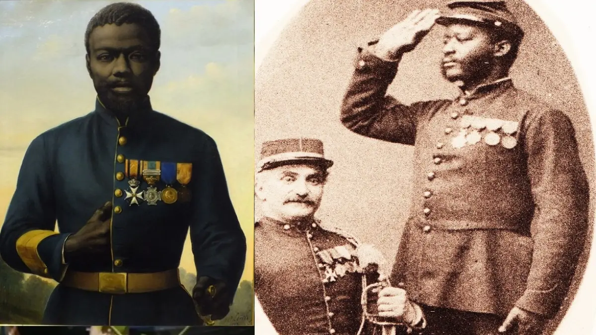 Lukisan Jan Kooi, dilukis pada tahun 1882 di Harderwijk oleh Johan Coenraad Leich pada koleksi Bronbeek (kiri). Foto Kopral Belanda, B. van Weenen dan Kopral Afrika, J. de Leeuw (kanan).