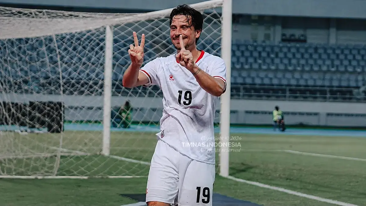 Pemain Timnas Indonesia Thom Haye berselebrasi usai mencetak gol ke gawang Timor Leste di pertandingan Piala AFF 2026. (IG@timnasindonesia)