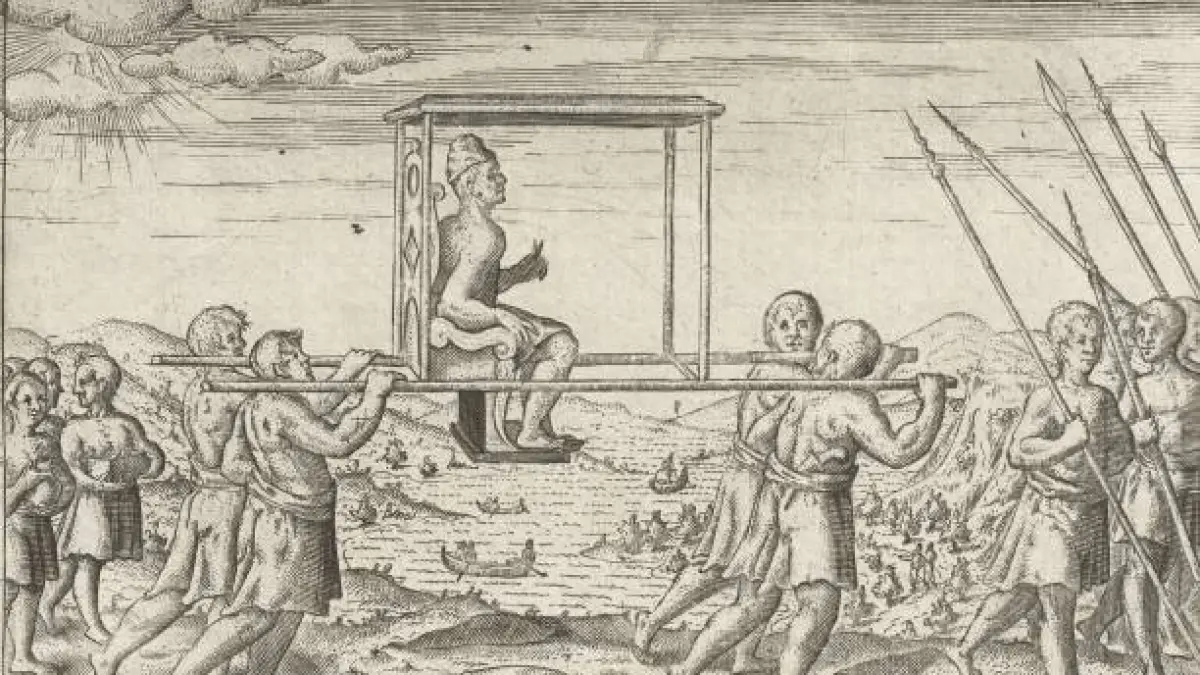 Catatan perjalanan (travelogue) Cornelis de Houtman saat berlabuh di Bali pada Februari 1597 mengabadikan pemandangan yang serupa, seorang bangsawan Bali bepergian bersama rombongannya dengan ditandu. (Sepia Times / Universal Images Group)