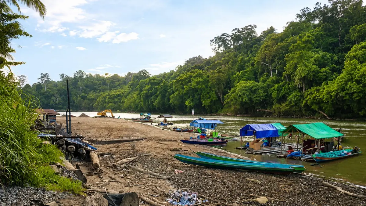 IMBAS KEMARAU: Kondisi sungai Mahakam di Kampung Long Pahangai, Kecamatan Long Pahangai, Kabupaten Mahulu, yang semakin surut. ISTIMEWA