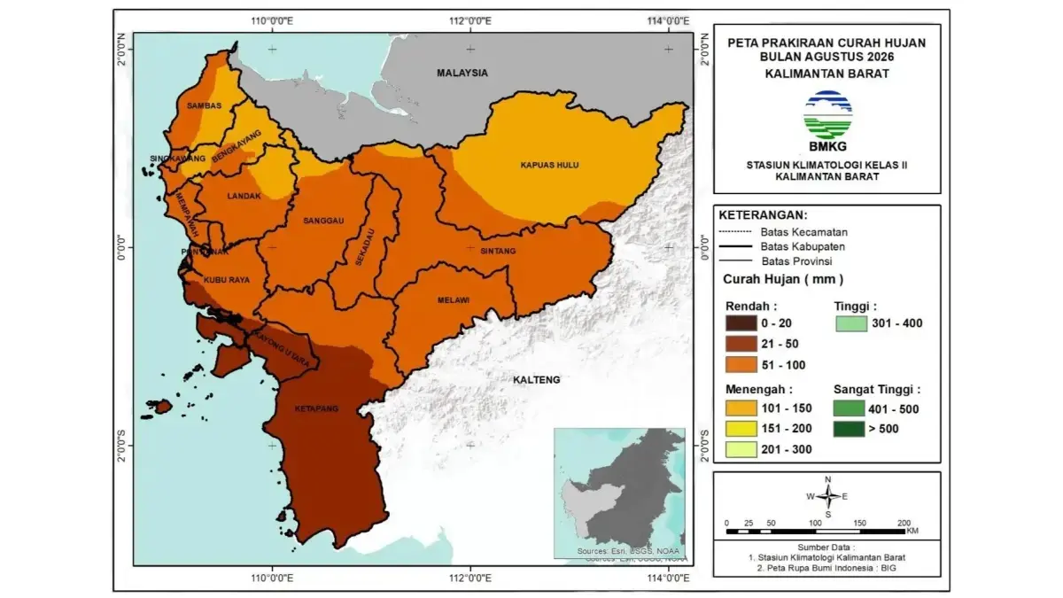 Peta prakiraan curah hujan di Kalimantan Barat pada Agustus 2026. Seluruh wilayah Kalbar diprediksi mengalami curah hujan rendah pada 10-16 Agustus 2026. (BMKG)
