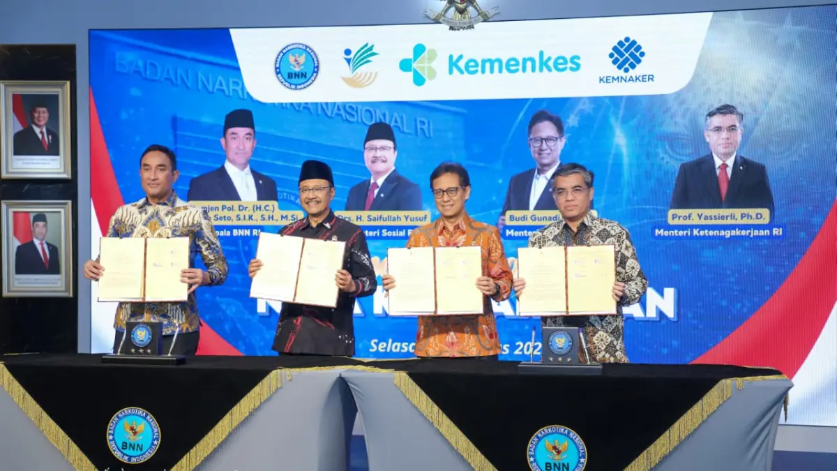 KOLABORASI: Penandatanganan nota kesepahaman oleh Kemenaker, Kemensos, Kemenakes, dan BNN di Pusat Pengembangan Sumber Daya Manusia (PPSDM) BNN, Bogor, Jawa Barat (Jabar), Selasa, 11 Agustus 2026. ISTIMEWA