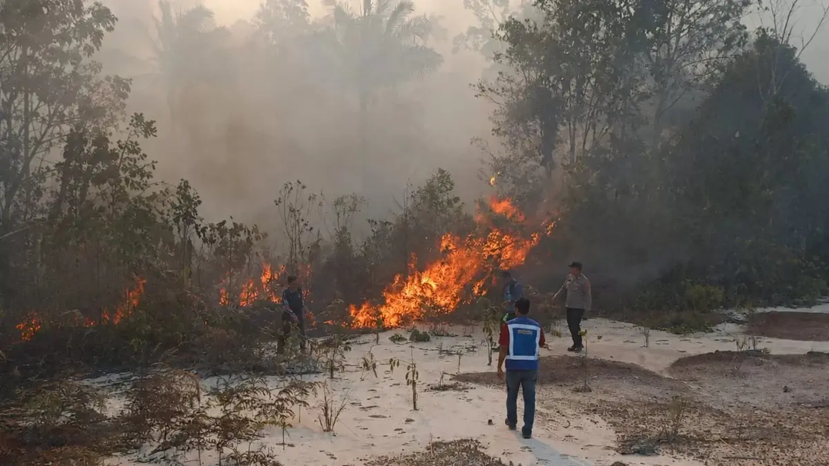 Tim Rescue Tol Balsam melakukan proses pemadaman kebakaran di sisi Jalan Tol Balikpapan-Samarinda (Balsam), tepatnya Kilometer 31, Kukar. (Ist)
