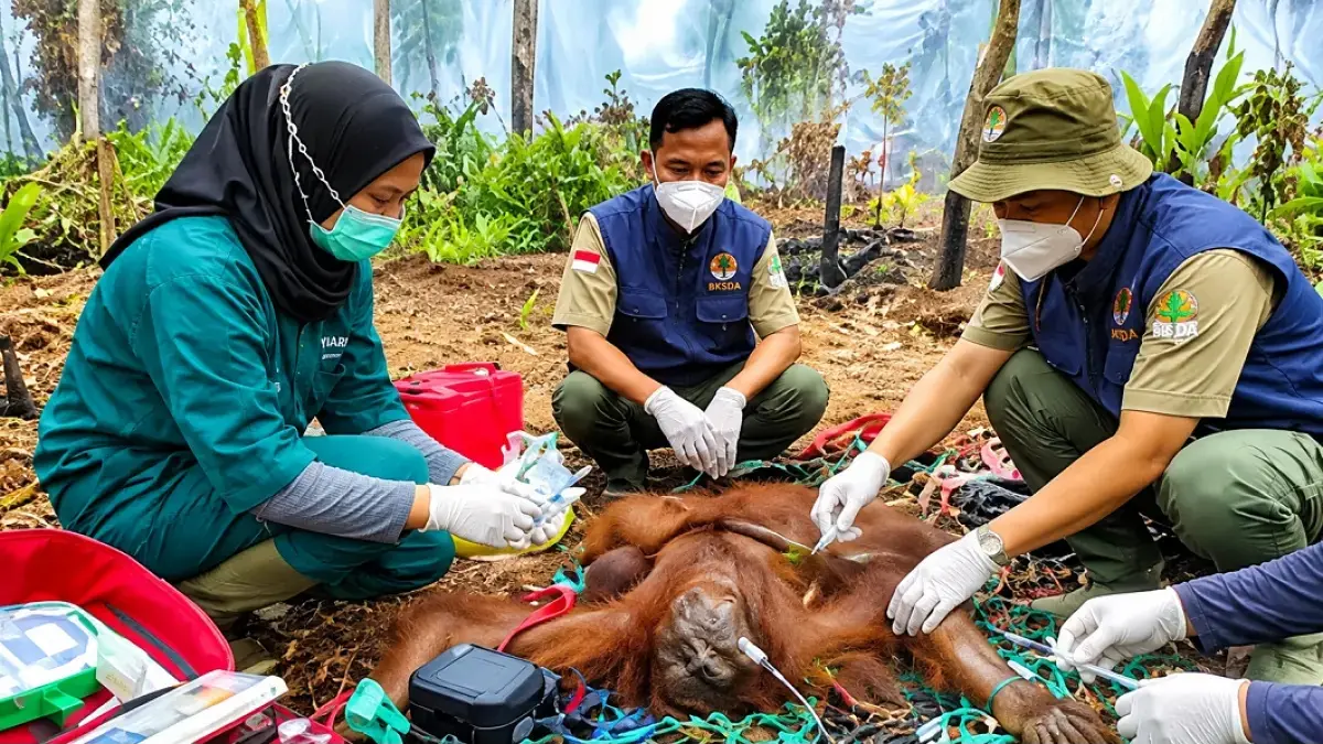 Petugas menyelamatkan orangutan terdampak karhutla beberapa waktu lalu. (Kemenhut)