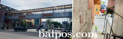 PERCANTIK: Kondisi JPO simpang Plaza Balikpapan yang ornamennya lepas juga lukisan grafiti membuat kesan tidak nyaman dipandang dan tidak terawat. (Oky/Balpos)