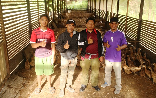 BERJABAT TANGAN: Comdev Officer PT Berau Coal, Jaliman (dua kanan) bersama Ketua Kelompok Peternak At-Taubah, Achmad Jayadi (dua kiri) usai serah terima bantuan dari PT Berau Coal, Senin (9/3).