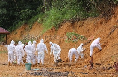 PEMAKAMAN: Tim Satgas turut mendoakan usai memakamkan pasien Covid-19 yang meninggal dunia kemarin (17/1).