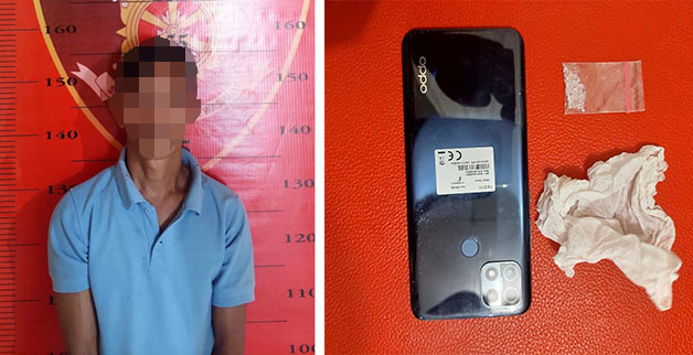 DIBEKUK: MD bersama sejumlah barang bukti diamankan personel Polsek Sambaliung karena terlibat penyalahgunaan narkoba.