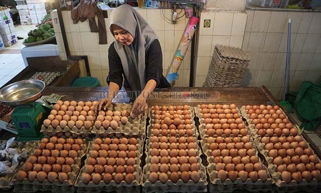 STOK MELIMPAH: Meski stok telur ayam melimpah di pasaran, namun harganya masih cukup tinggi.