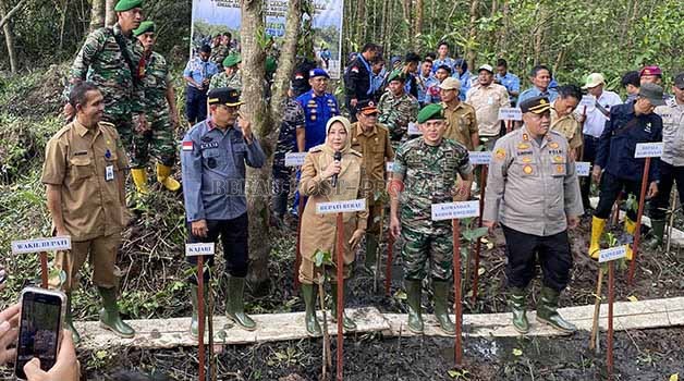 JAGA EKOSISTEM: Dandim 0902 Berau bersama bupati Sri Juniarish serta unsur Forkopimda Berau, melaksanakan penanaman mangrove di Ekowisata Mangrove Teluk Semanting, Senin (15/5).