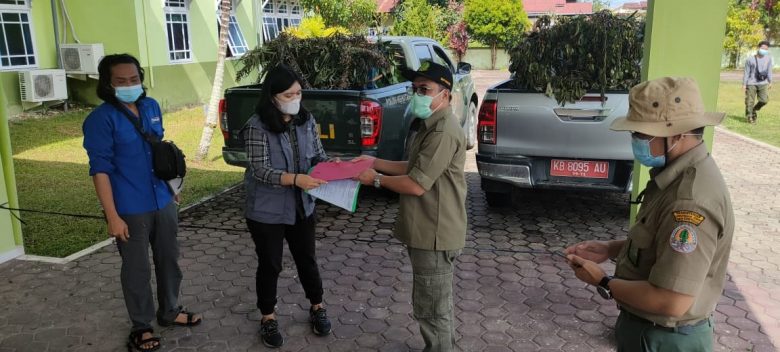 SERAHTERIMA: Kegiatan serahterima tiga orangutan secara simbolis dari YPOS ke BKSDA dan penyerahan ke BBTNBKD di halaman kantor BBTNBKDS Putussibau, Selasa (6/4).ANDREAS/PONTIANAK POST