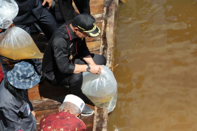 ARWANA: Bupati Kapuas Hulu saat melepas belasan ekor ikan arwana ke habitatnya di Danau Lindung Empangau, Kecamatan Bunut Hilir, Sabtu (23/7). Prokpim Setda.