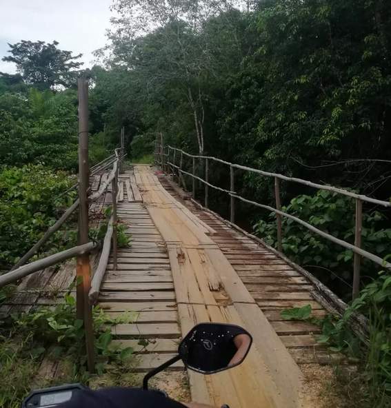 Jembatan kayu (jembatan sementara) diperlihatkan anggota DPRD Kalbar, Hendri Makaluas di jalur jalan Balai Sebut-Balai Sekuak. (IST)