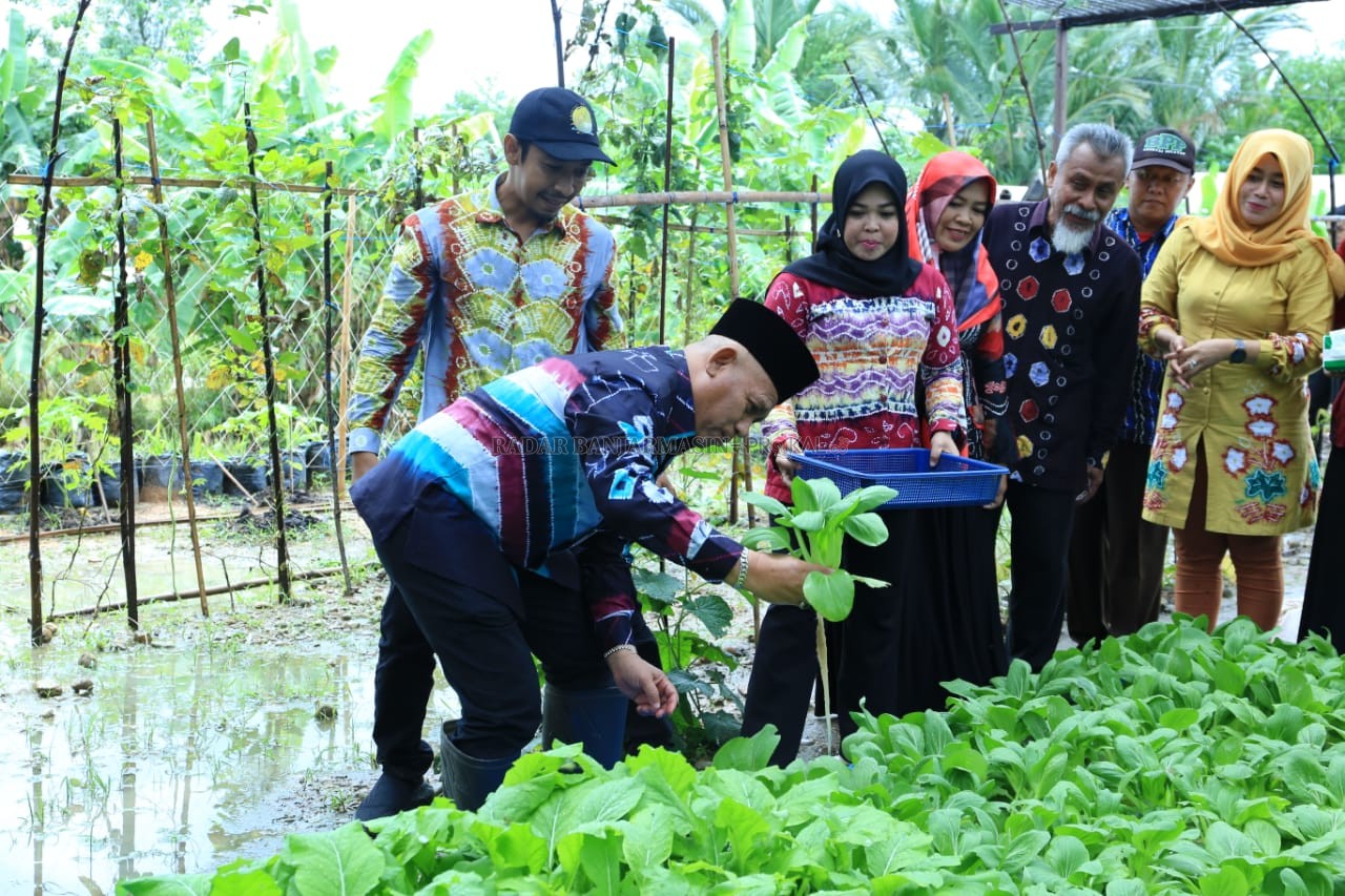 PELUANG AGRIBISNIS: Bupati HSU, Abdul Wahid melihat pengembangan media tanam sistem hidroponik dan rakit apung di BPP Amuntai Selatan Kamis (2/1/2020. | Foto: Pemkab HSU for Radar Banjarmasin