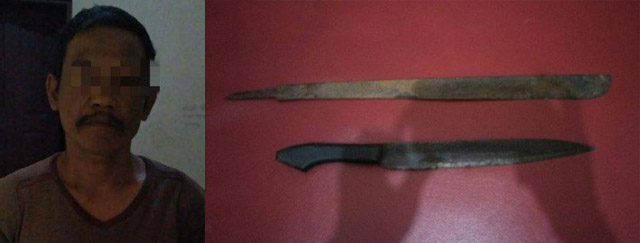 TERSANGKA DAN BARBUK: Pelaku MDR dan dua parang yang menjadi barang bukti. | Foto: ISTIMEWA
