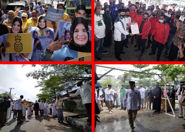 BERKERUMUN: Susasana pendaftaran 4 Pasangan Calon Wali Kota Banjarmasin yang akan bertarung tahun ini. Semuanya membawa massa tidak sedikit dan tak bisa menghindarkan kerumunan. | Foto: Wahyu Ramadhan/Radar Banjarmasin