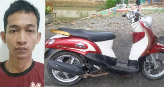 KAPOK: Tersangka Mahbul dan barang bukti sepeda motor sudah diamankan Polsek Amuntai Tengah dalam kasus pencurian dan penggelapan.