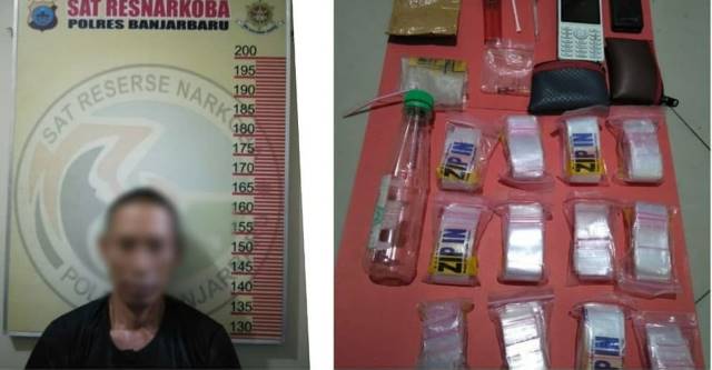 DARI KAPUAS: Tersangka sabu yang diamankan jajaran Sat Res Narkoba Polres Banjarbaru dari Kabupaten Kapuas, dengan barang bukti 48 lembar plastik klip yang didalamnya berisi sabu-sabu dengan berat kotor 22,58 gram. | Polres Banjarbaru for Radar Banjarmasi