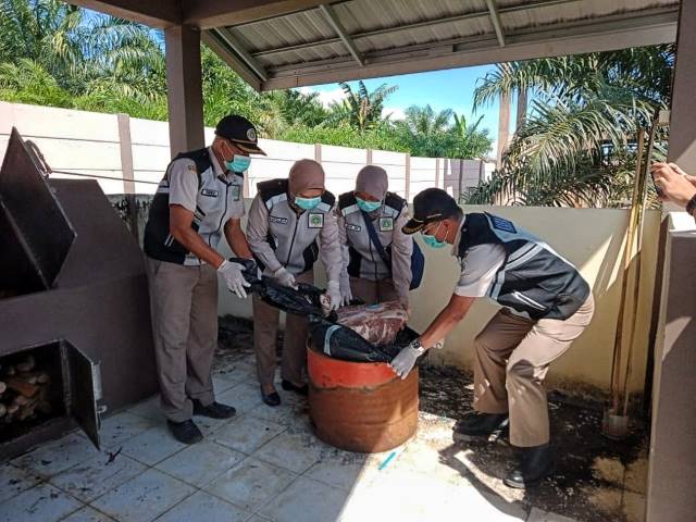 ILEGAL: Petugas memusnahkan daging kuda yang didatangkan tanpa proses karantina ke daerah ini. Daging tersebut didatangkan pedagang via laut dari Sulawesi Selatan.
