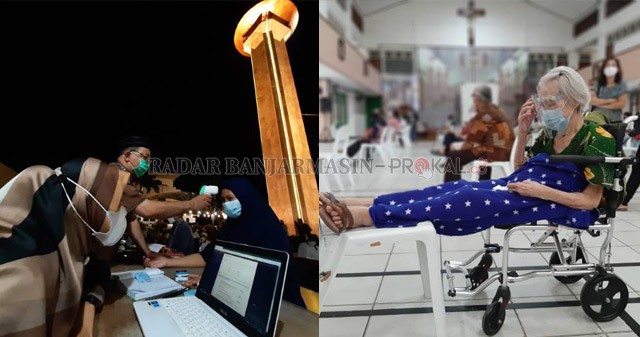 DI MASJID DAN GEREJA: Screening di halaman Masjid Raya Sabilal Muhtadin dan. Lansia mengantre vaksinasi di Gereja Katedral Keluarga Kudus (kanan). Lewat pendekatan agama, Dinas Kesehatan berharap vaksinasi di Banjarmasin bisa dikebut. | FOTO: WAHYU RAMADH