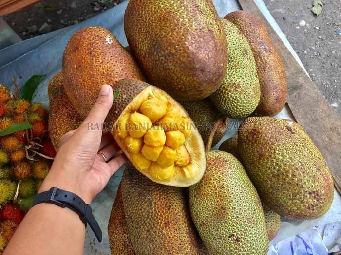 PASOKAN BUAH: Sejumlah pedagang buah musiman menjual cempedak pontianak. Selain itu, buah ini juga dipasok dari berbagai daerah di Hulu Sungai dan Kalteng. FOTO: TIA LALITA NOVITRI/RADAR BANJARMASIN