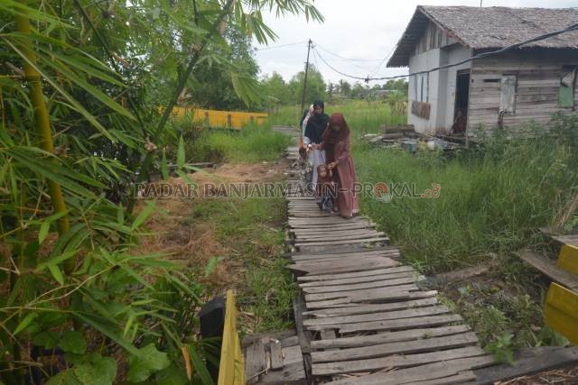 TITIAN: Tak semua jalan lingkungan di Simpang Sungai Jelai memiliki titian ulin seperti ini. Di sudut permukiman yang lain hanya berupa tanah berlumpur. | FOTO: WAHYU RAMADHAN/RADAR BANJARMASIN