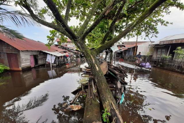 SEJAJAR: Permukaan Sungai Guring di sisi kiri sudah sama tingginya dengan Jalan Prona di sisi kanan. Warga meminta sungai dangkal ini lekas dikeruk. | FOTO: WAHYU RAMADHAN/RADAR BANJARMASIN