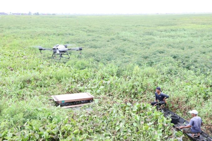 CANGGIH: Drone menyemprotkan pestisida pada belukar susupan gunung menutup lahan pertanian di Kabupaten HSU. | Foto: Kodim 1001/HSU/BLG