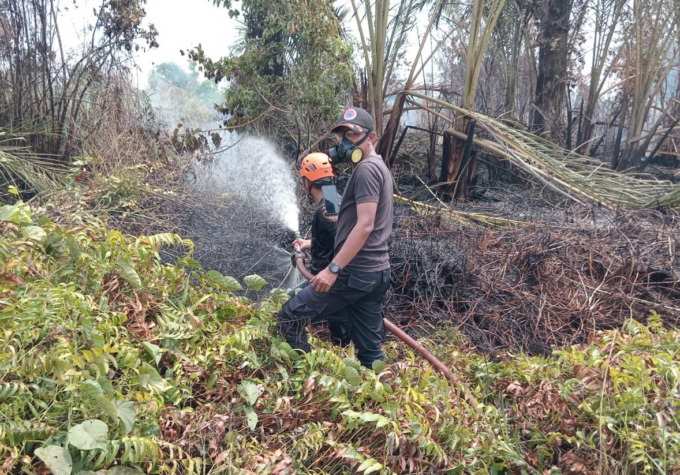 PEMADAMAN: Personel BPBD di tengah area kebakaran lahan di Sungai Andai. | FOTO: BPBD UNTUK RADAR BANJARMASIN