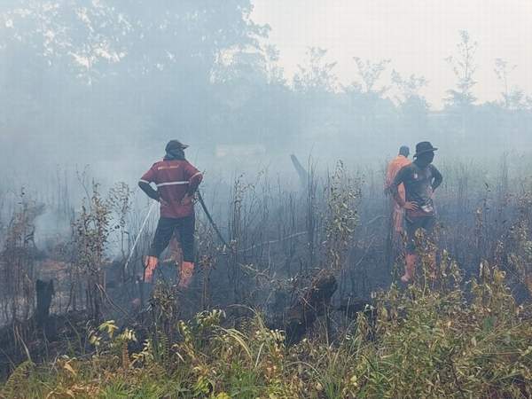 LELAH: Petugas Satgas Karhutla memadamkan api di tepi Jalan Andil Gotong Royong, Kelurahan Syamsudin Noor, Kecamatan Landasan Ulin, Jumat lalu. | FOTO: M IDRIS JIAN SIDIK/RADAR BANJARMASIN