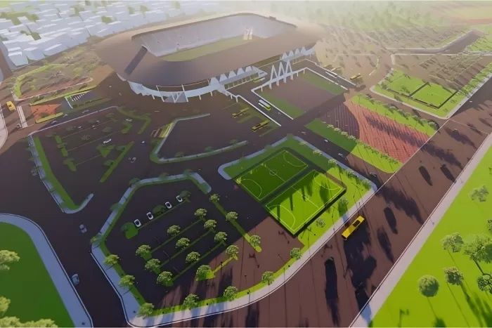 MEGAH - Desain Banjarbaru International Stadium (BIS) yang diperjuangkan Pemko Banjarbaru dibangun di Bangkal, Cempaka 2024 mendatang. (BAPPEDA BANJARBARU UNTUK RADAR BANJARMASIN)