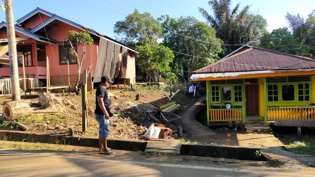 HINDARI BAHAYA: Rulli salah seorang warga Jalan Tana Abang, lebih memilih menebang pohon mangganya agar tidak menimpa rumahnya, Minggu (19/1).