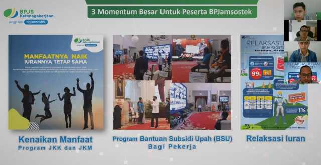 SOSIALISASI : Sosialisasi Peraturan Pemerintah (PP) Nomor 49 Tahun 2020 tentang Penyesuaian iuran Program Jaminan Sosial Ketenagakerjaan selama bencana non alam penyebaran Corona Virus Disease (Covid-19) kepada seluruh pengurus perusahan peserta aktif yan