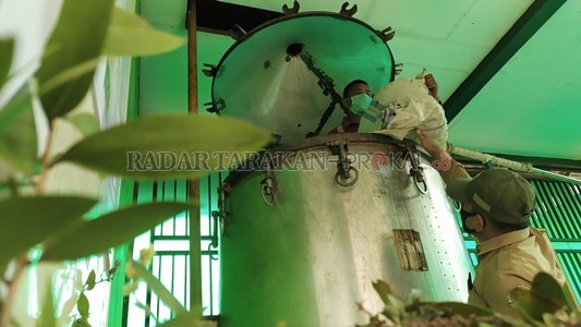 TAHAP AWAL: Salah satu pekerja saat memasukkan daun pohon kayu putih ke tangki boiler sebelum masuk ke tahapan penyulingan./AGUS DIAN ZAKARIAN/RADAR TARAKAN
